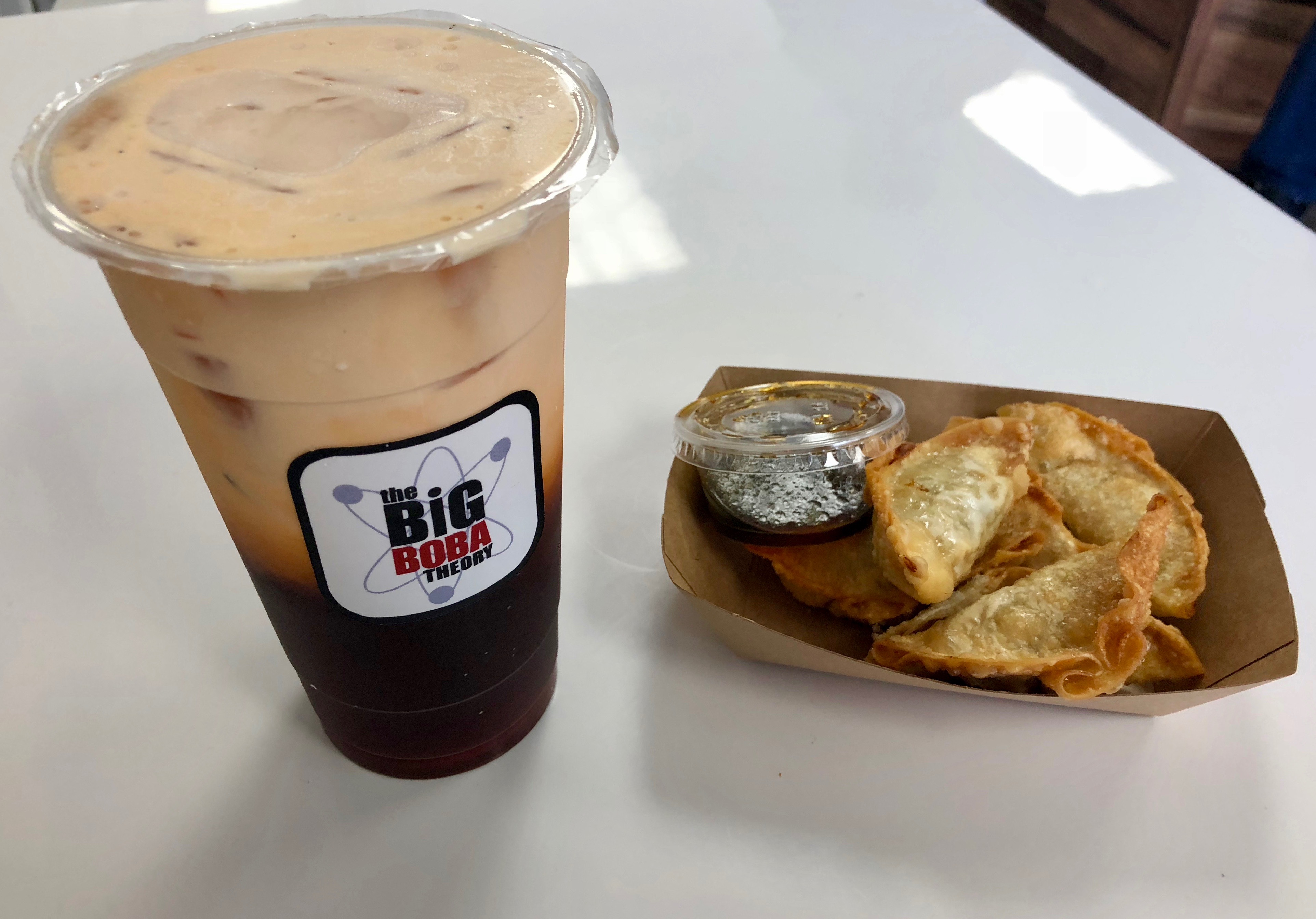 The Big Boba Theory thai tea and potstickers